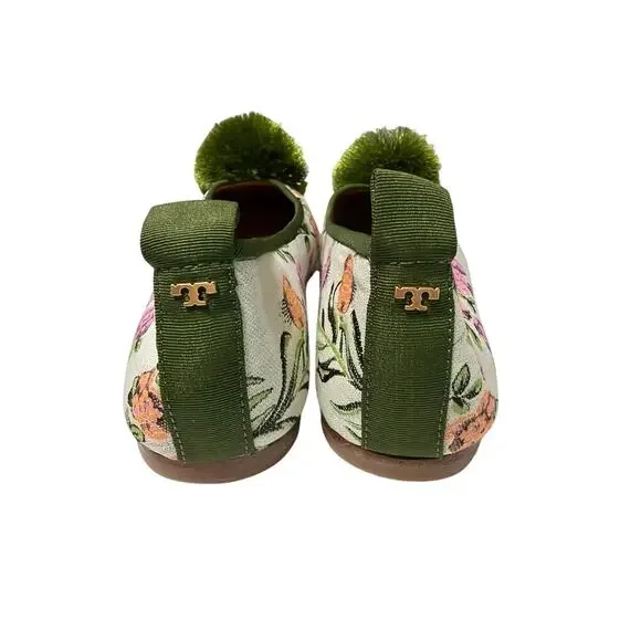 Tory Burch Floral Pom Pom Ballet Flats Size 6M NWOT Canvas Leather Slip On - Picture 4 of 10